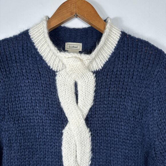 LL Bean Sweater Blue Cream Mohair Wool Cable Knit Roll Neck Twist Size Large - Picture 10 of 13